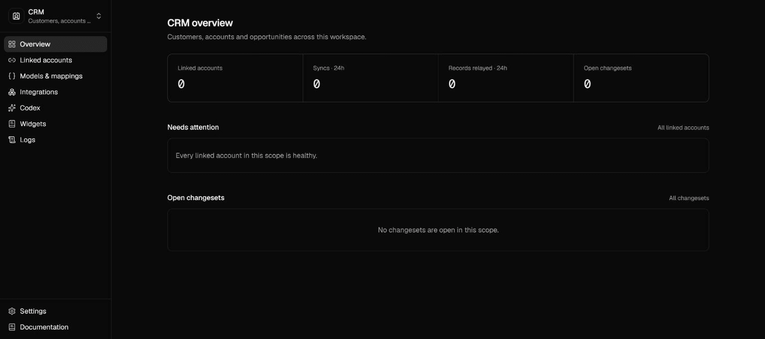 OpenMerge CRM overview with unified integration health and sync metrics